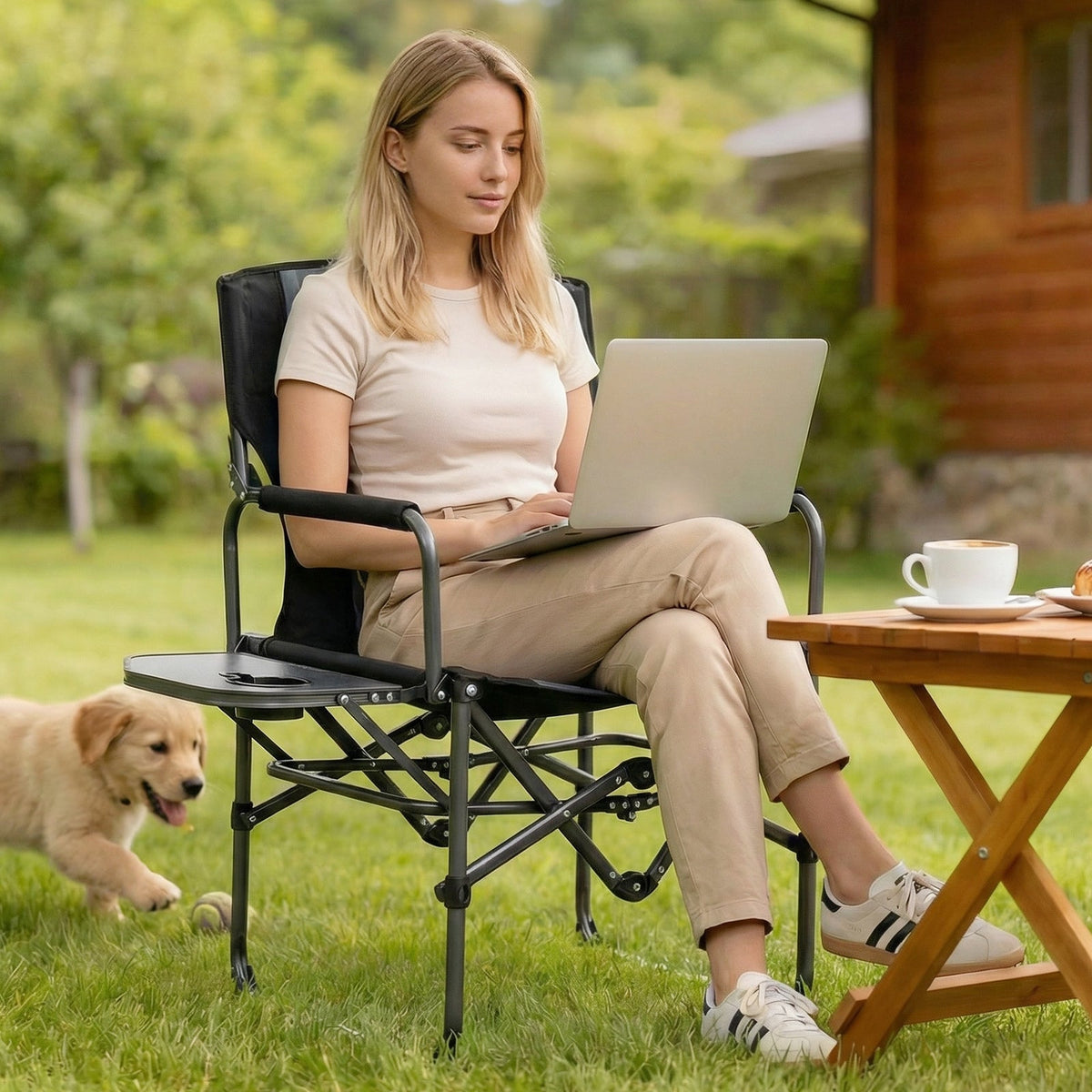 Folding Camping Chair with Side Table, Cup Holder & Carry Bag
