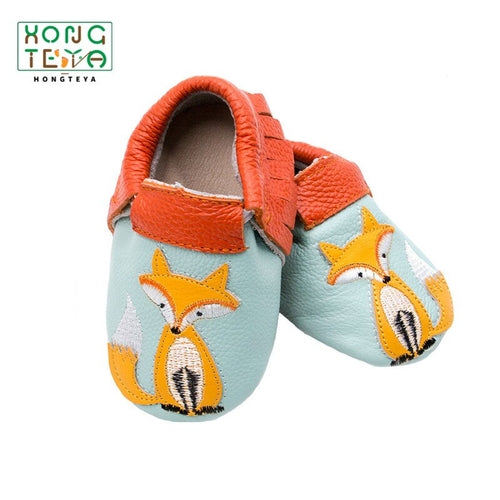 Fox-Print Leather Baby Moccasin Shoes