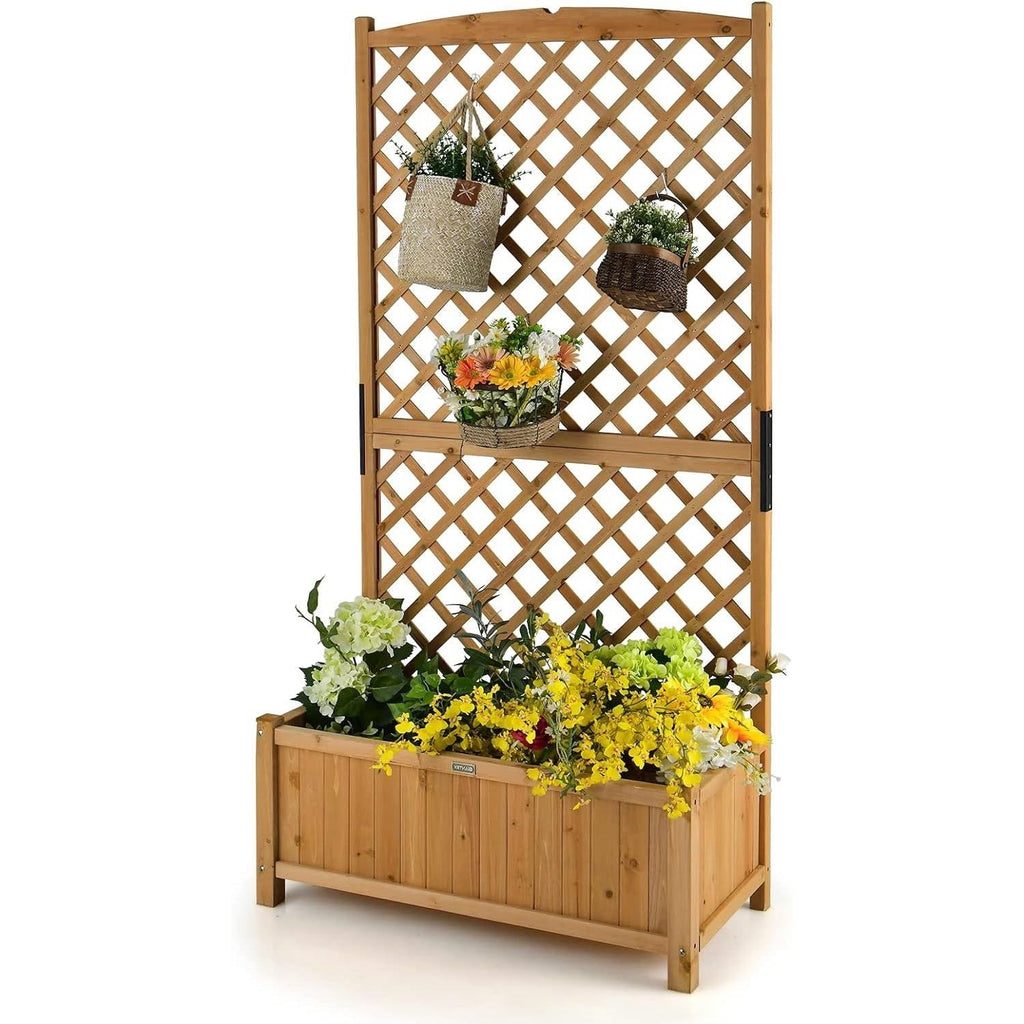 Fir Wood Raised Garden Planter with 71-Inch Trellis