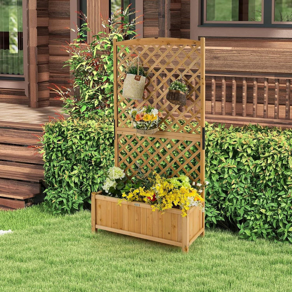 Fir Wood Raised Garden Planter with 71-Inch Trellis