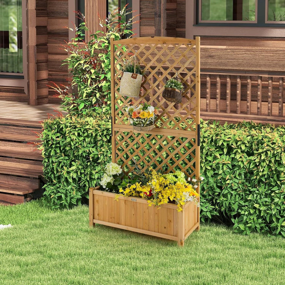 Fir Wood Raised Garden Planter with 71-Inch Trellis