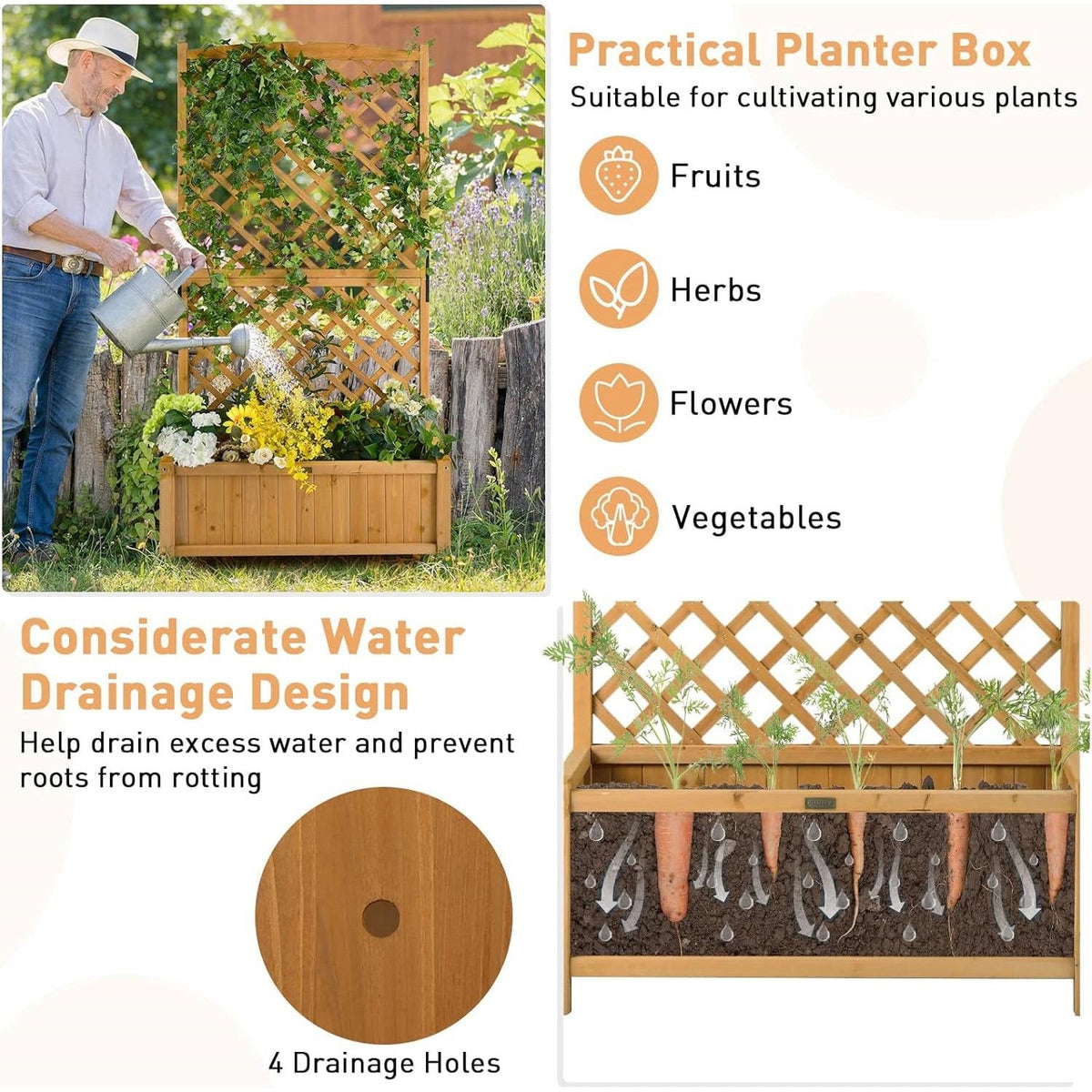 Fir Wood Raised Garden Planter with 71-Inch Trellis