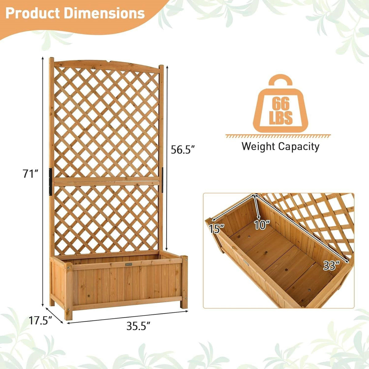 Fir Wood Raised Garden Planter with 71-Inch Trellis