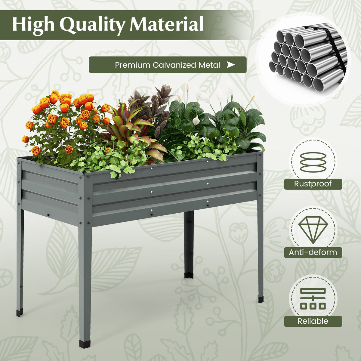 Galvanized Elevated Garden Bed with Legs & Drainage