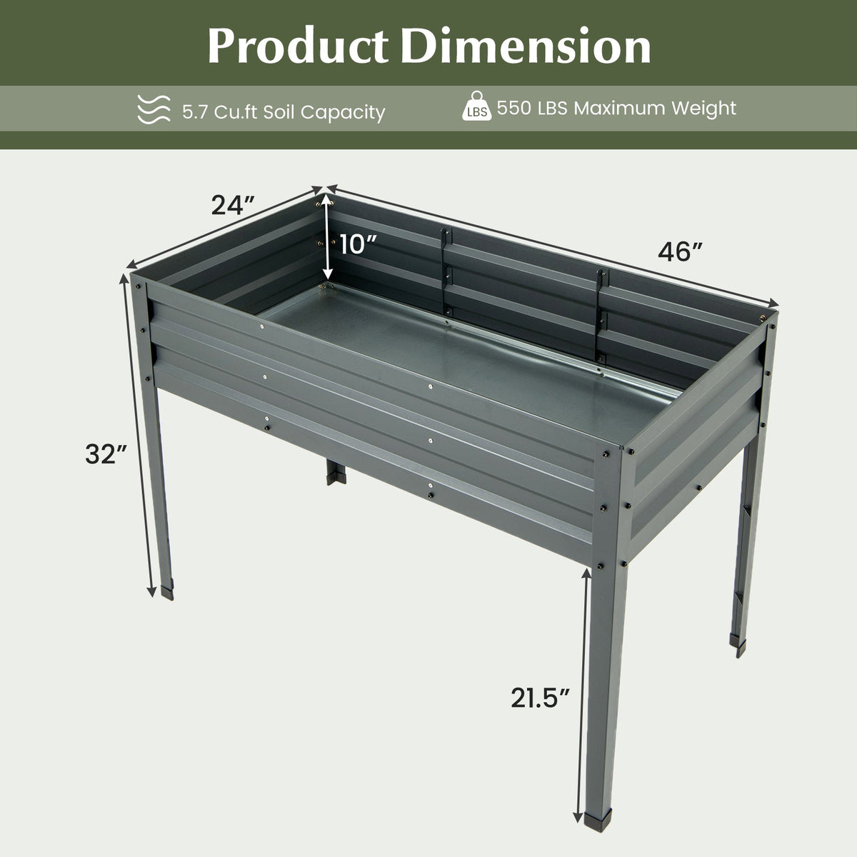 Galvanized Elevated Garden Bed with Legs & Drainage