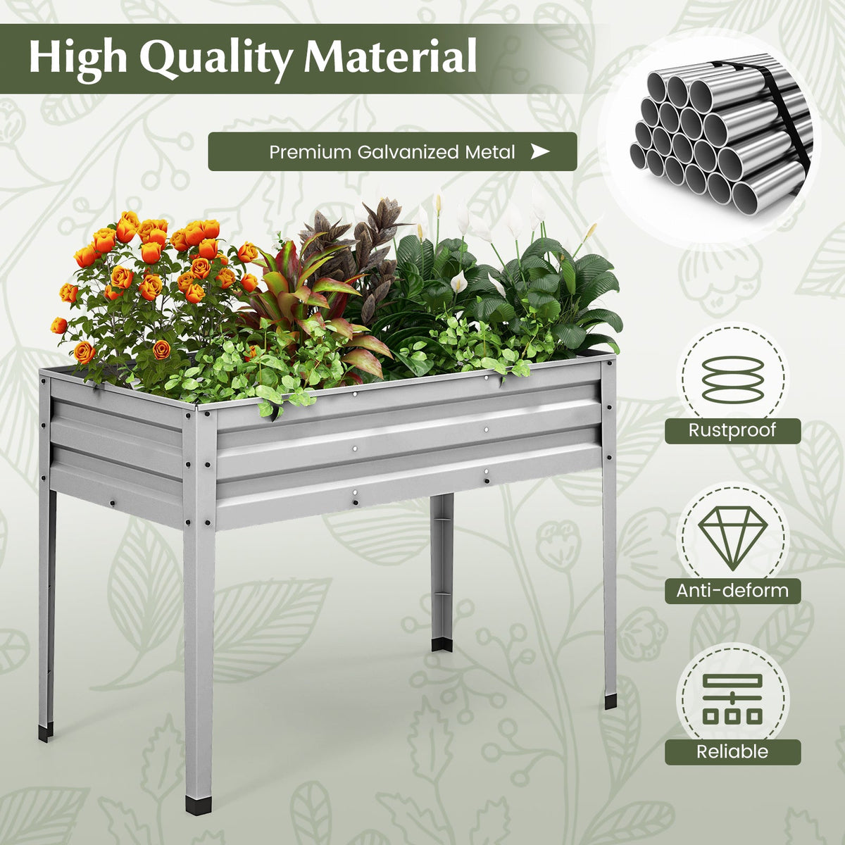 Galvanized Elevated Garden Bed with Legs & Drainage
