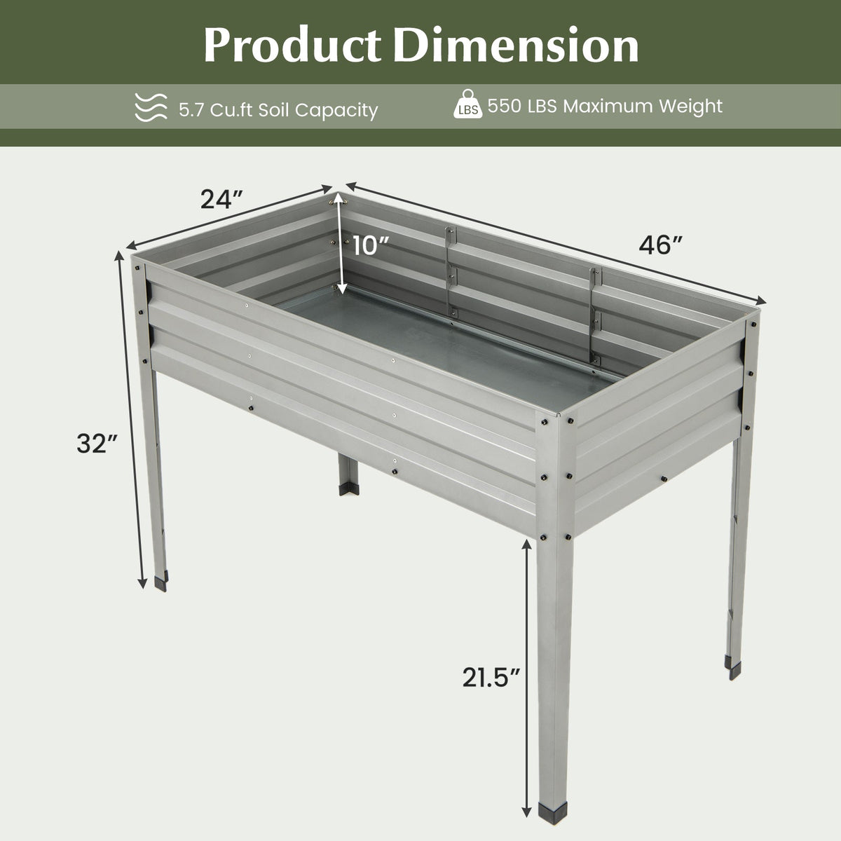 Galvanized Elevated Garden Bed with Legs & Drainage