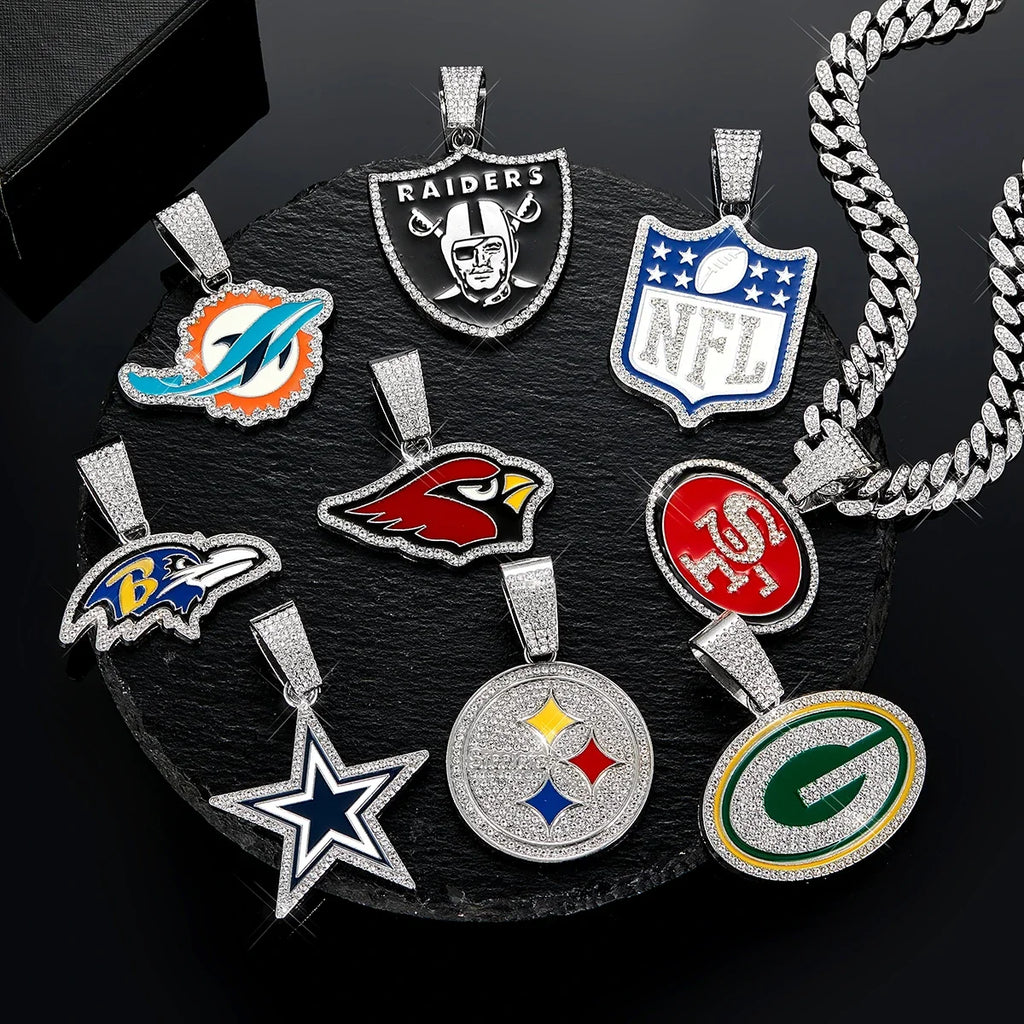 Football Logo Pendant Necklace with Cuban Chain