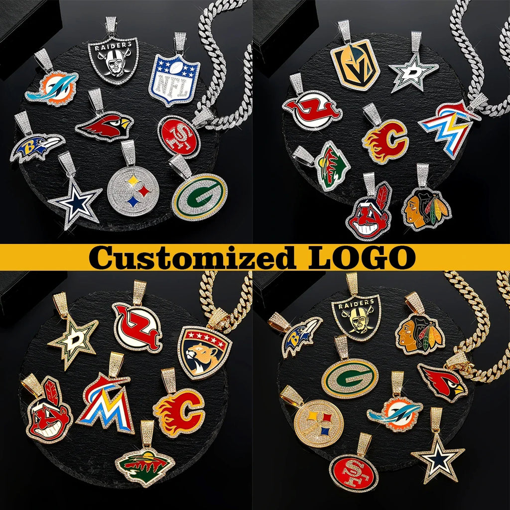 Football Logo Pendant Necklace with Cuban Chain
