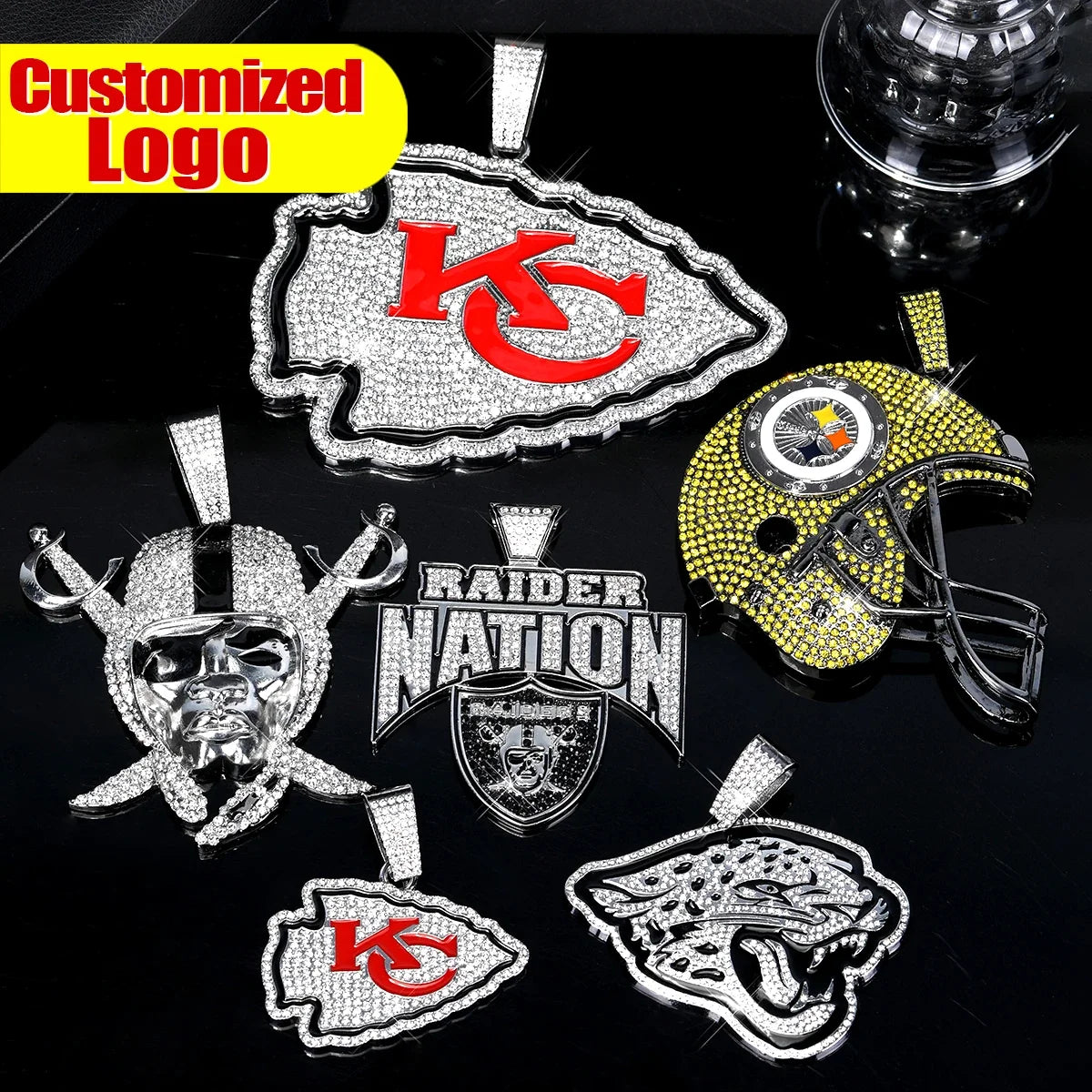 Football Logo Pendant Necklace with Cuban Chain