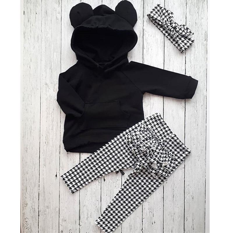 Girls’ Hooded Top, Plaid Pants & Headband Set