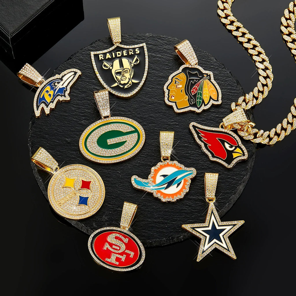 Football Logo Pendant Necklace with Cuban Chain