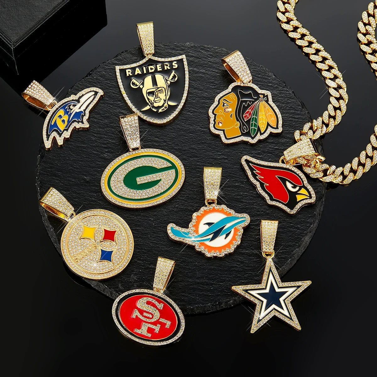 Football Logo Pendant Necklace with Cuban Chain