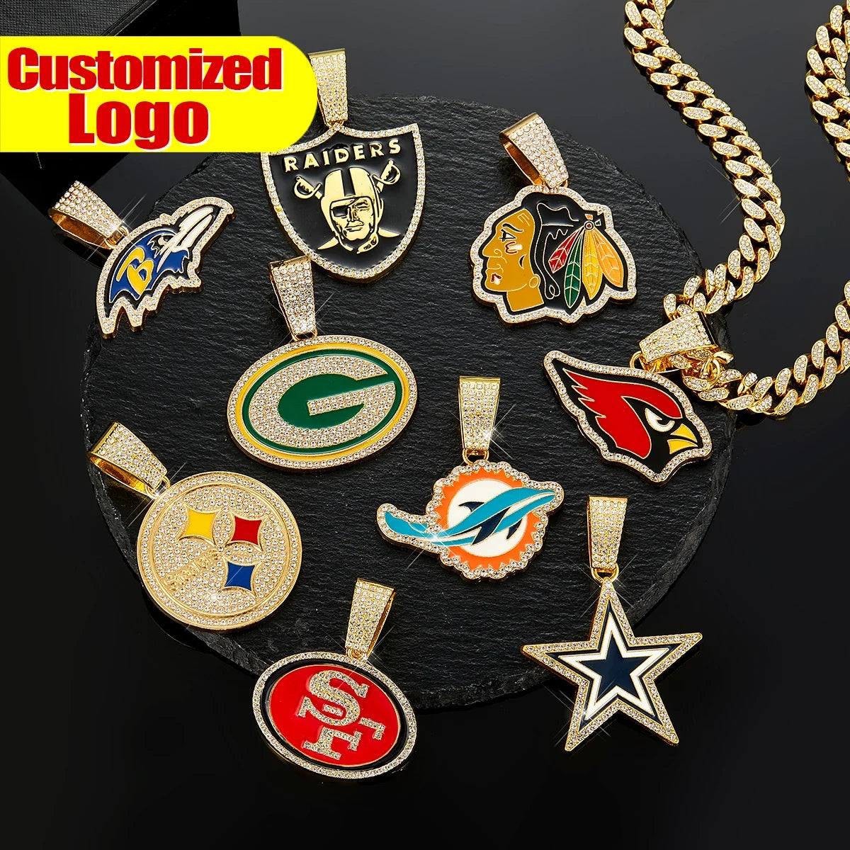 Football Logo Pendant Necklace with Cuban Chain