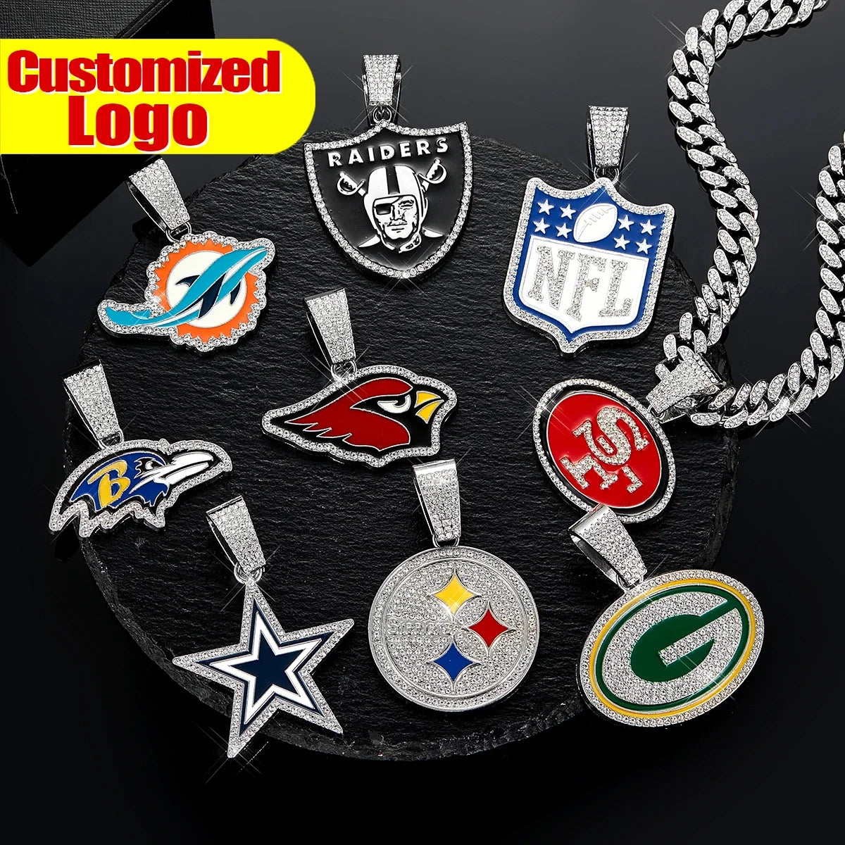 Football Logo Pendant Necklace with Cuban Chain
