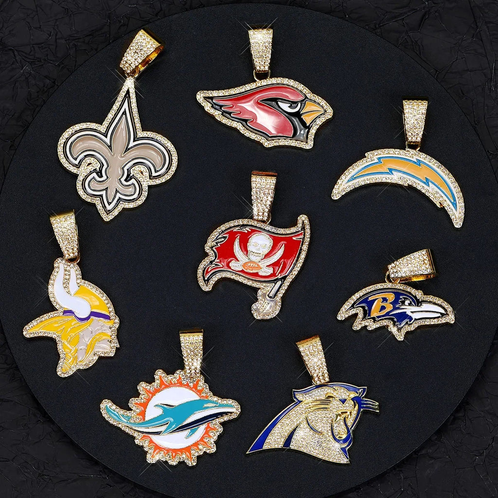 Football Logo Pendant Necklace with Cuban Chain