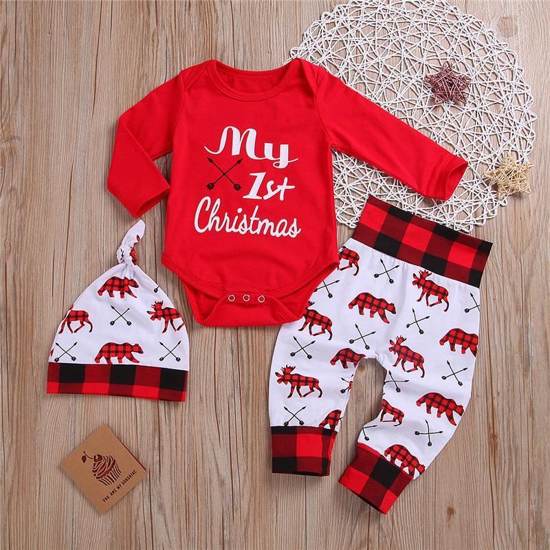 Baby First Christmas Romper, Pants & Hat Outfit