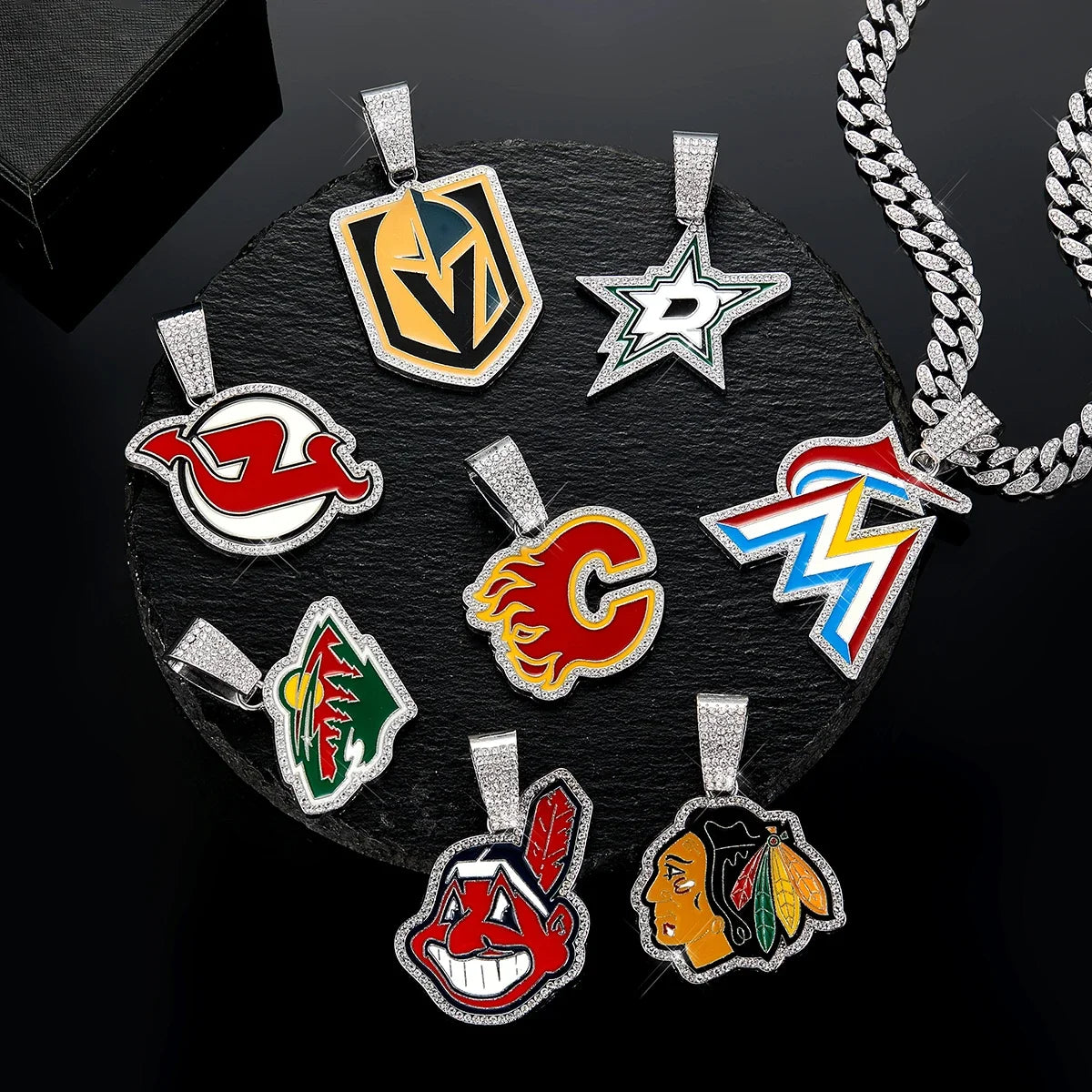 Football Logo Pendant Necklace with Cuban Chain