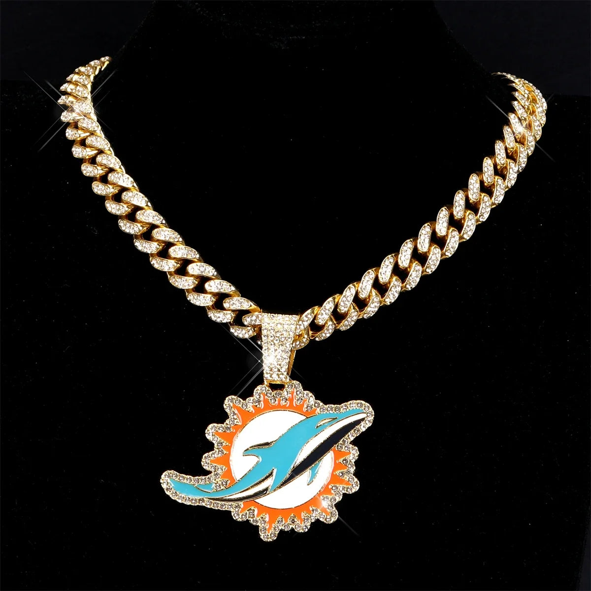 Football Logo Pendant Necklace with Cuban Chain