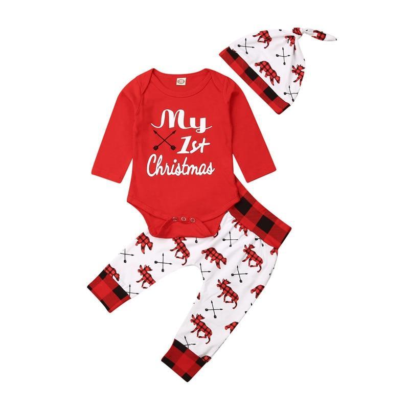 Baby First Christmas Romper, Pants & Hat Outfit