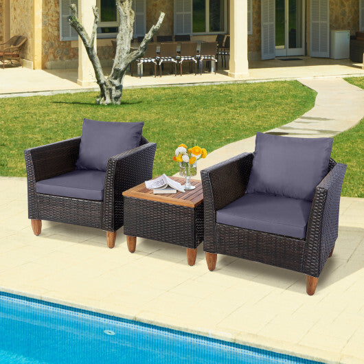 3-Piece Wicker & Acacia Wood Patio Bistro Set – Gray