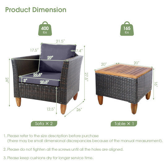 3-Piece Wicker & Acacia Wood Patio Bistro Set – Gray