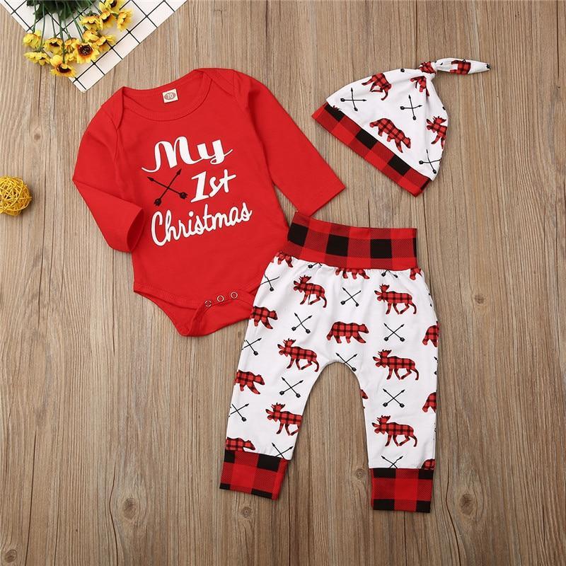 Baby First Christmas Romper, Pants & Hat Outfit