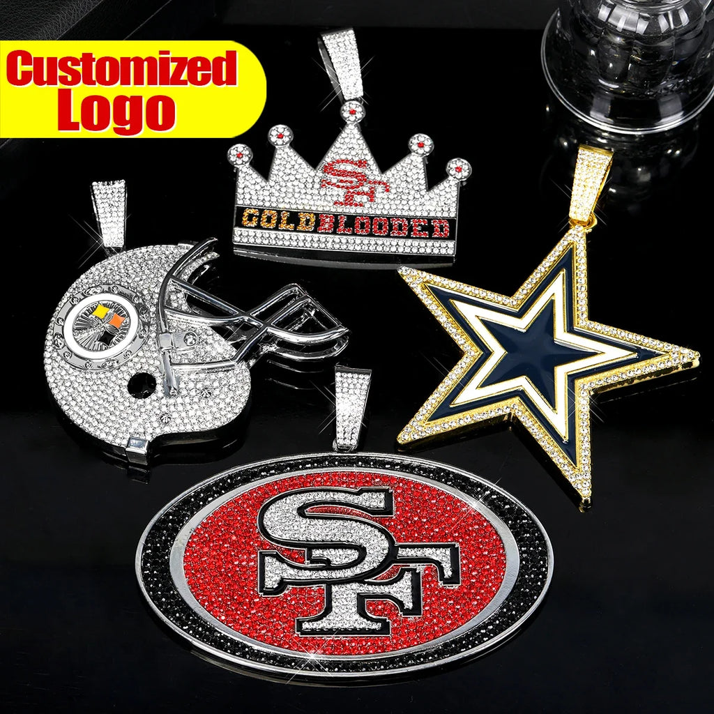 Football Logo Pendant Necklace with Cuban Chain