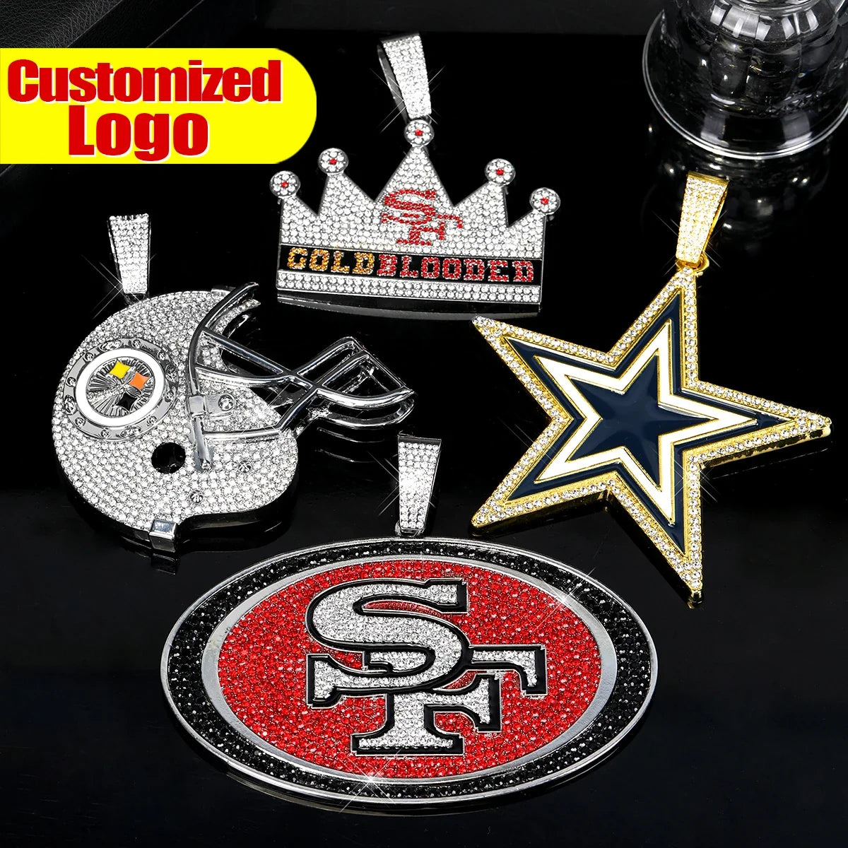 Football Logo Pendant Necklace with Cuban Chain