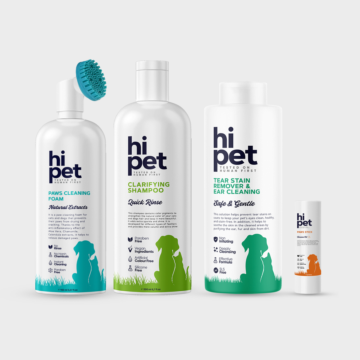 HiPet Effective Cleaning Set, Clarifying Shampoo + Tear Stain & Ear Solution + Paw Cleaning Foam + Paw & Nose