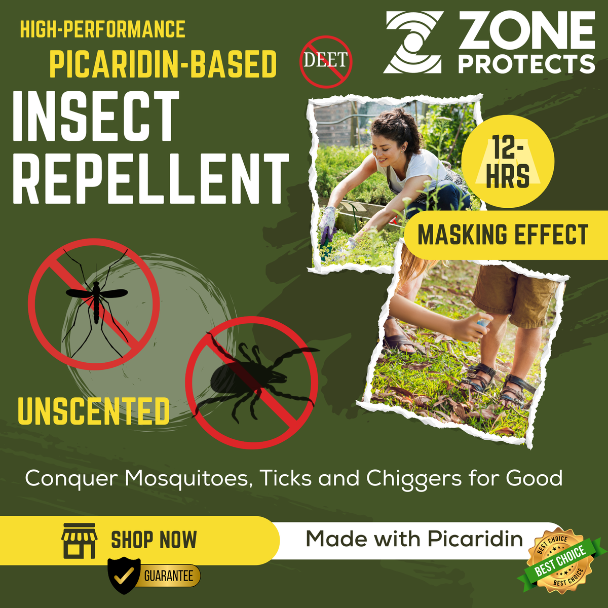 Zone Protects Unscented Picaridin Repellent Bundle — Two 4 oz Bottles & Refill