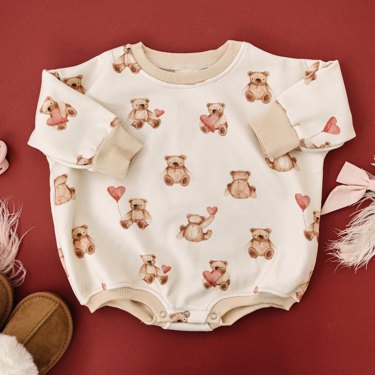 Baby Teddy Bear & Hearts Sweatshirt Romper