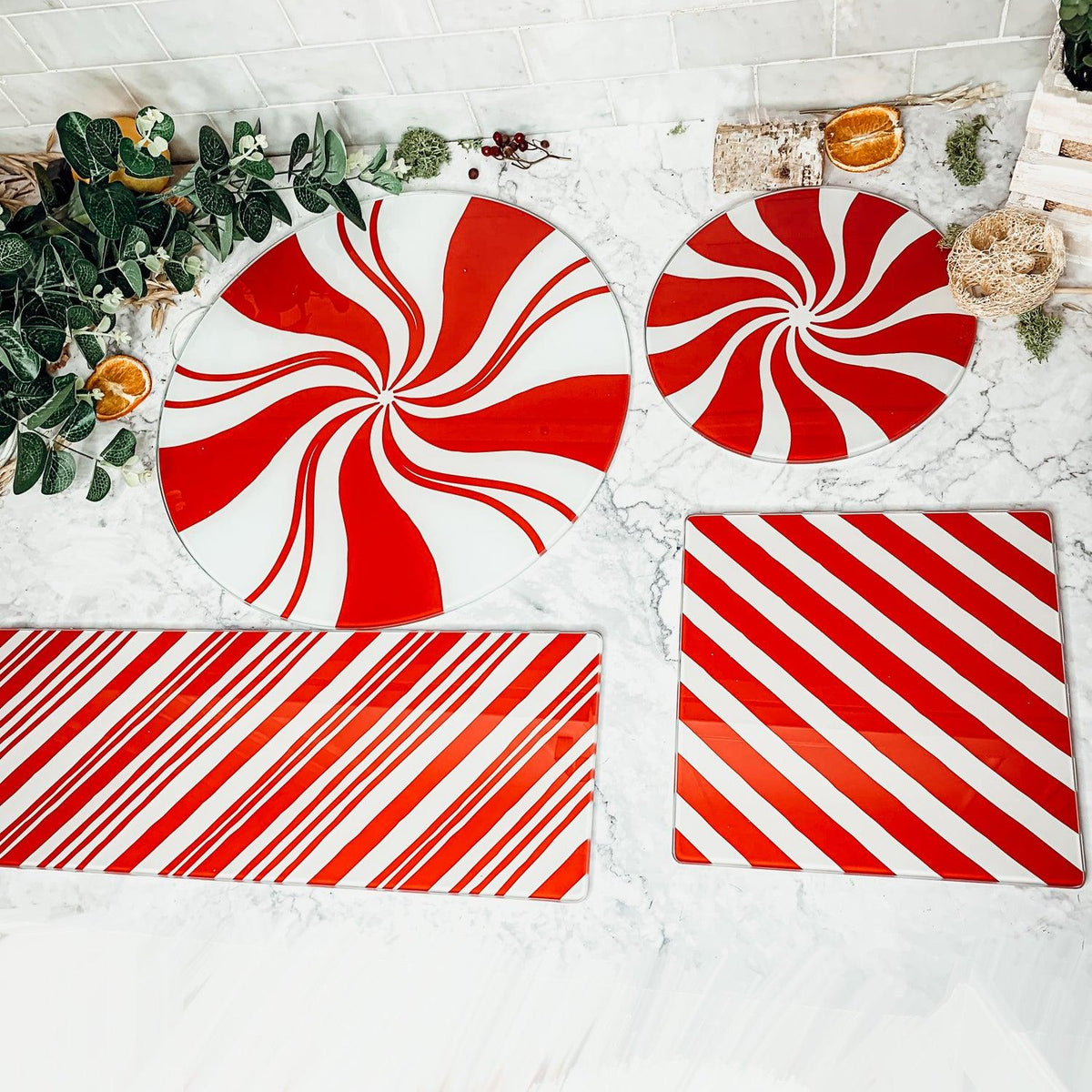 Hand-Painted Candy Cane Glass Serving Platters
