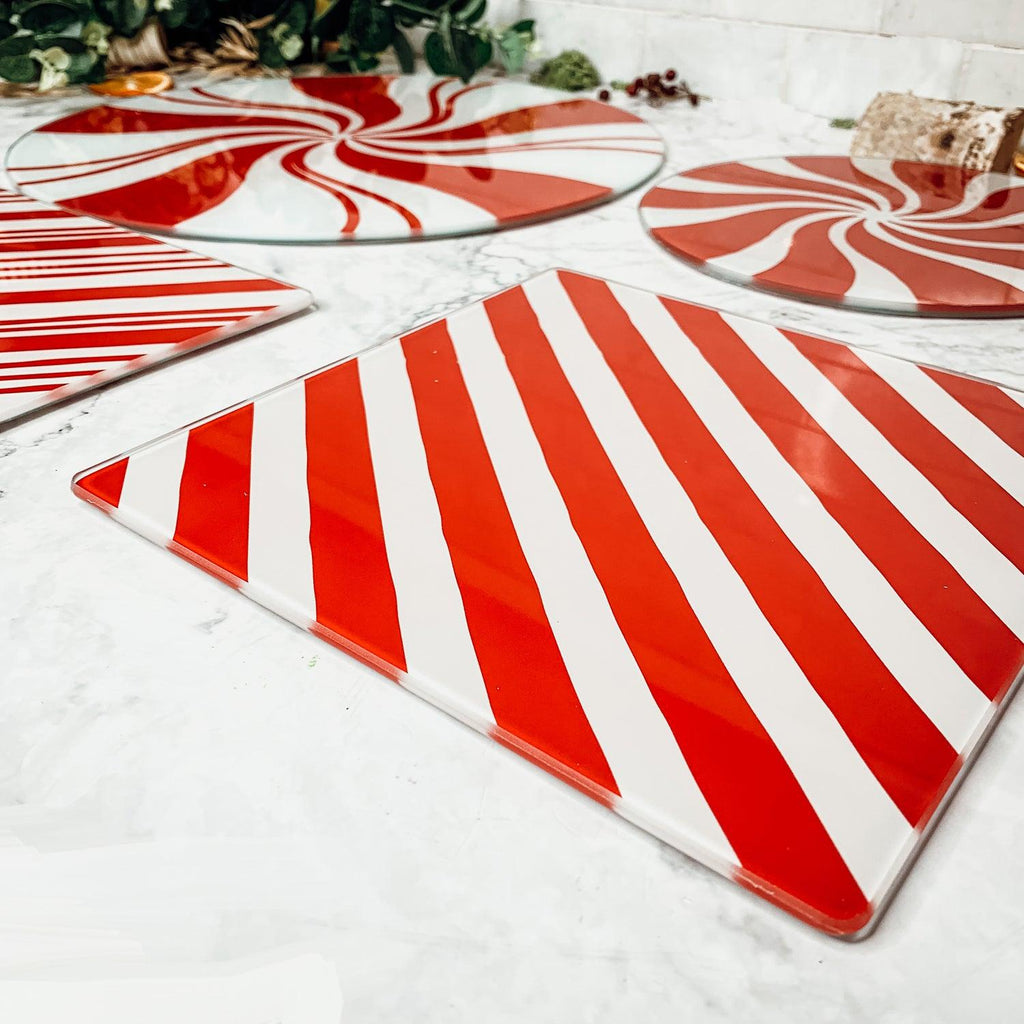 Hand-Painted Candy Cane Glass Serving Platters