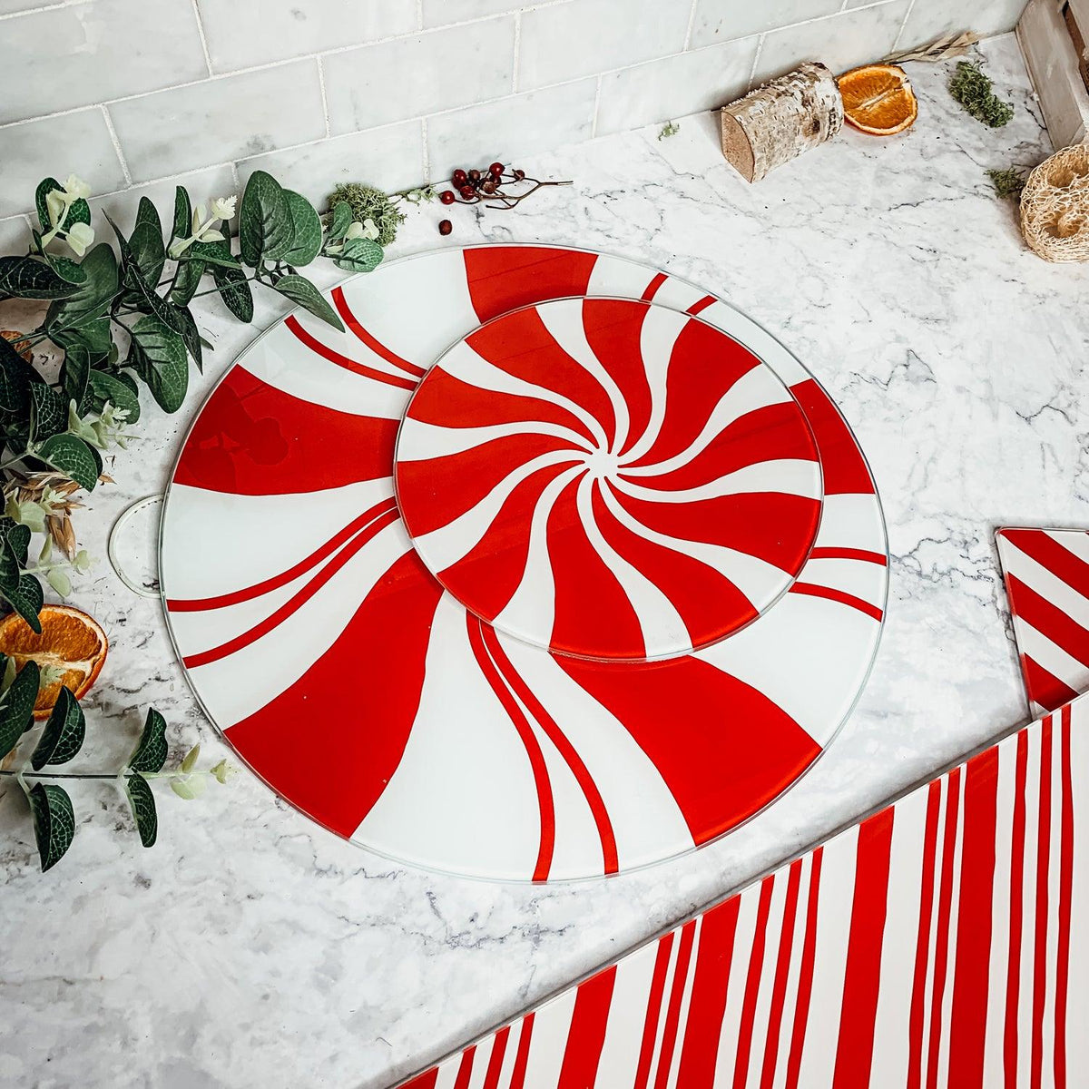 Hand-Painted Candy Cane Glass Serving Platters