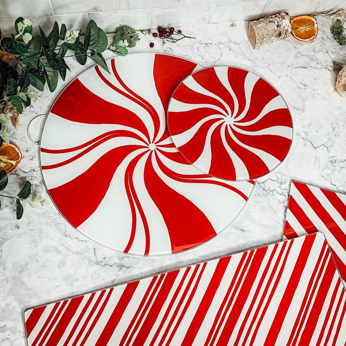Hand-Painted Candy Cane Glass Serving Platters