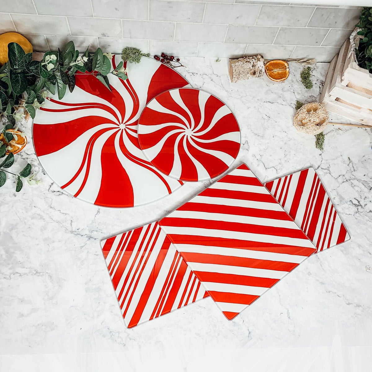 Hand-Painted Candy Cane Glass Serving Platters