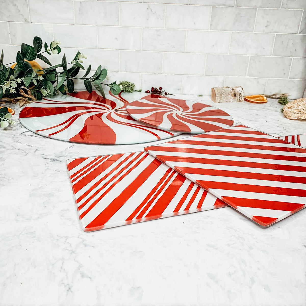 Hand-Painted Candy Cane Glass Serving Platters
