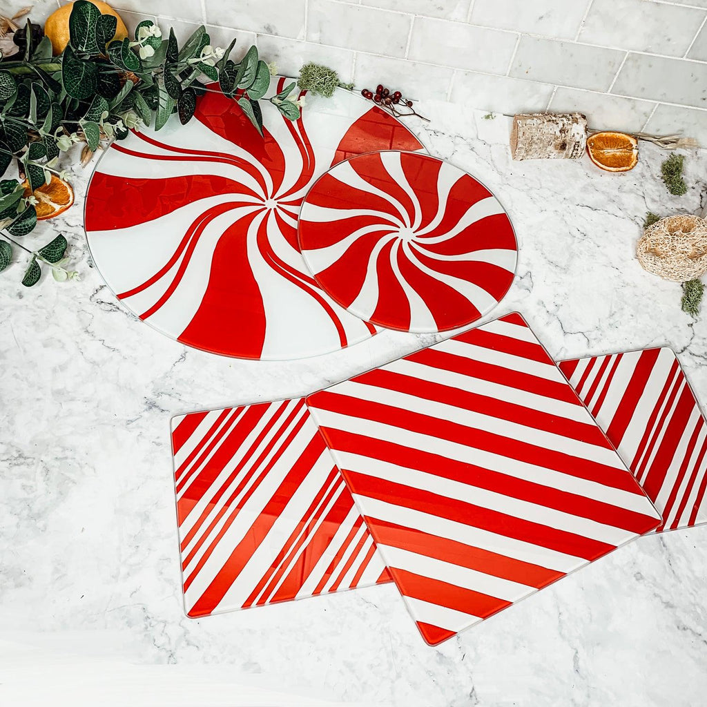 Hand-Painted Candy Cane Glass Serving Platters