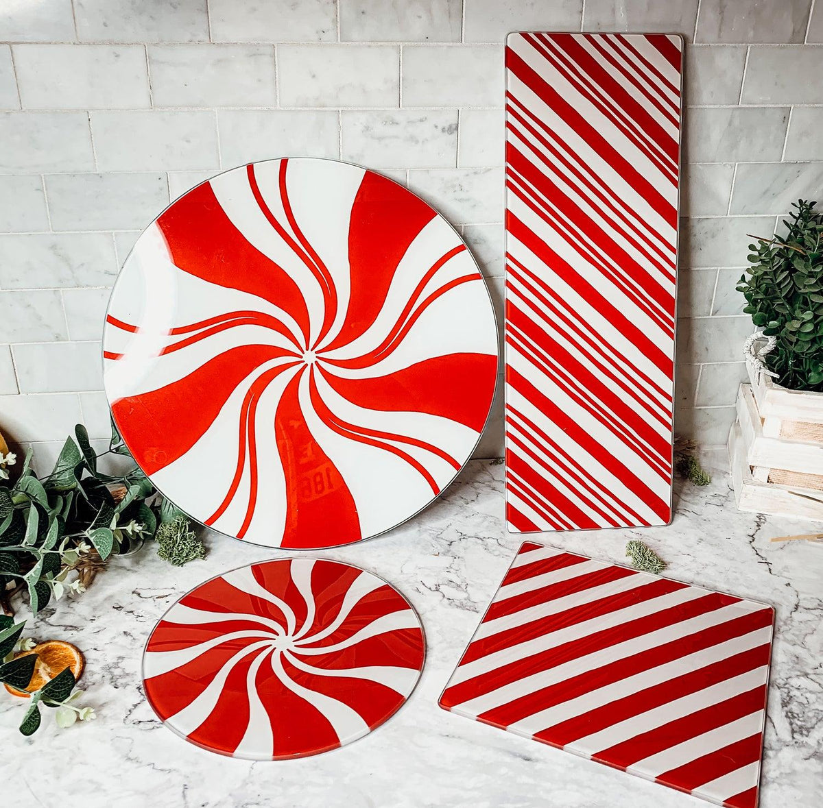 Hand-Painted Candy Cane Glass Serving Platters