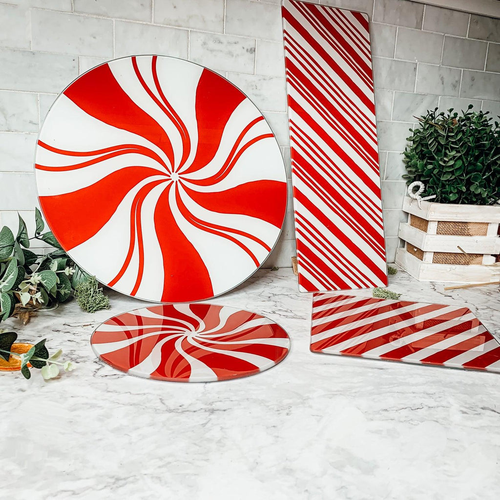 Hand-Painted Candy Cane Glass Serving Platters