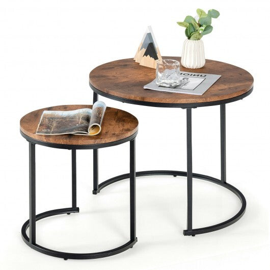 Set of 2 Modern Round Stacking Nesting Coffee Tables for Living Room-Rustic Brown - Color: Rustic Brown