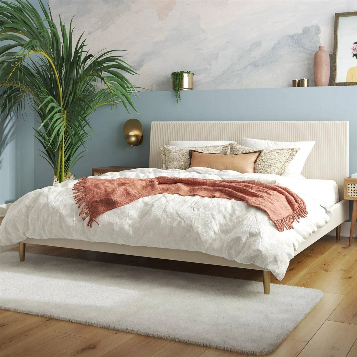 King Mid-Century Off-White Velvet Upholstered Platform Bed Frame with Headboard