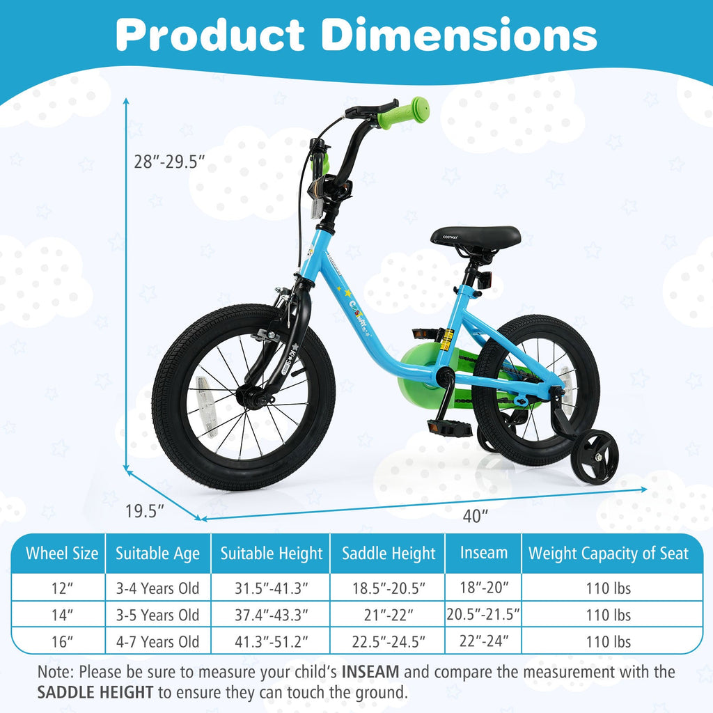 Kids' Bicycle – Blue, 12/14/16-Inch Options