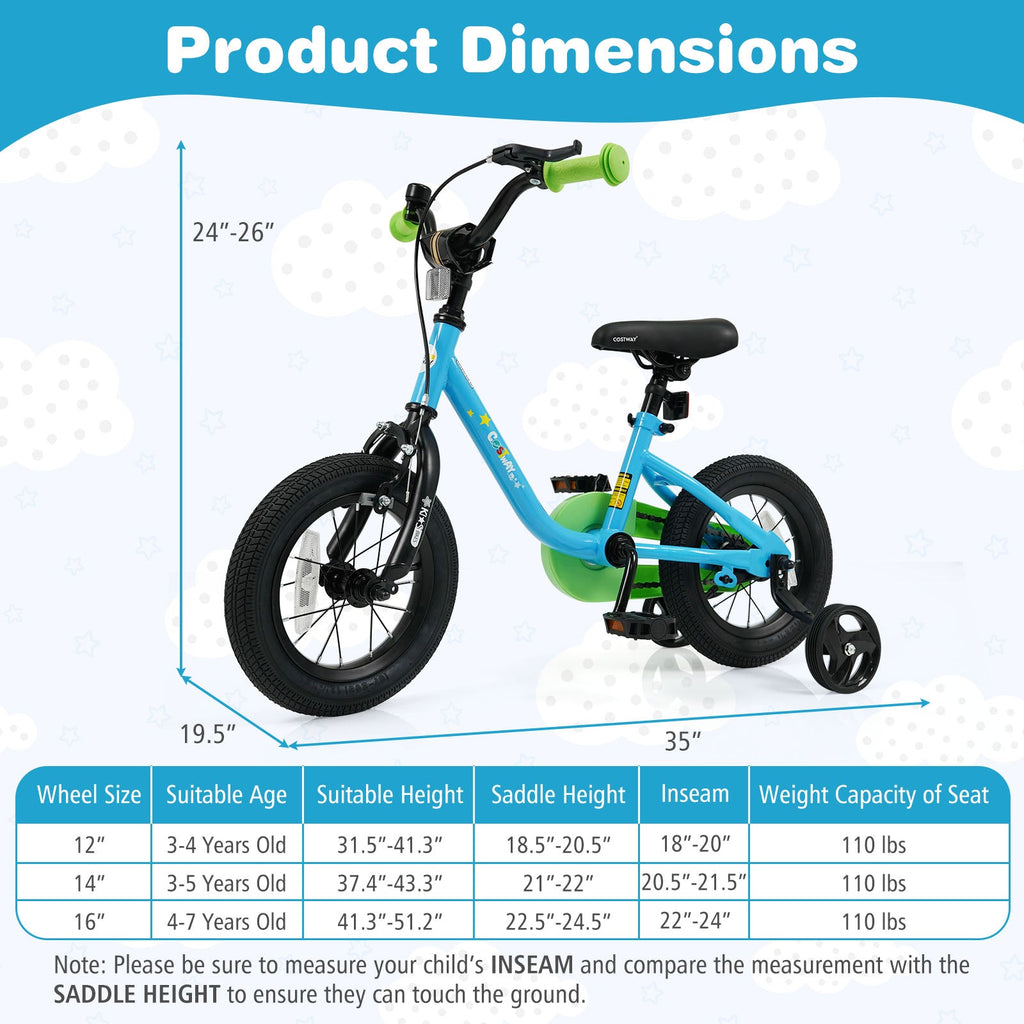 Kids' Bicycle – Blue, 12/14/16-Inch Options
