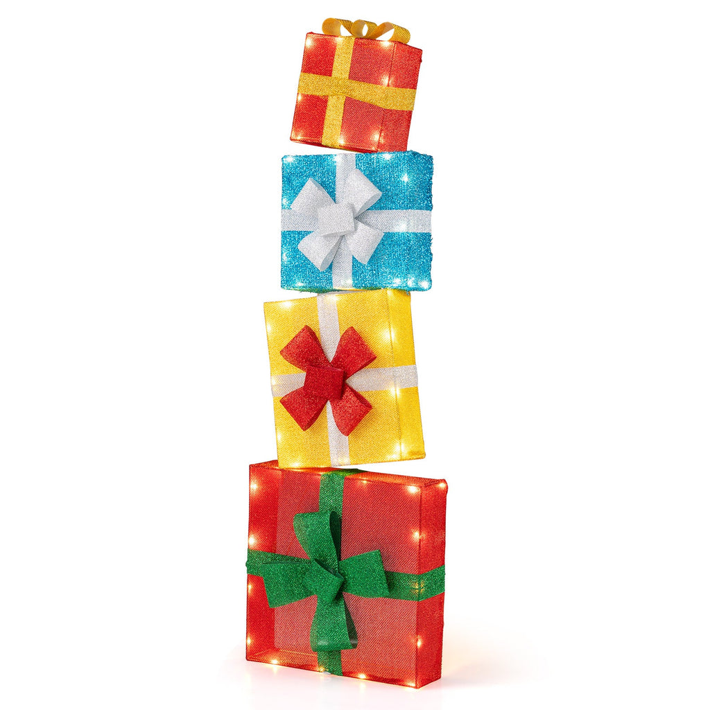 Lighted Gift Boxes Christmas Decoration 2D Set of 4 Pre-Lit Stacked Christmas Gift Boxes