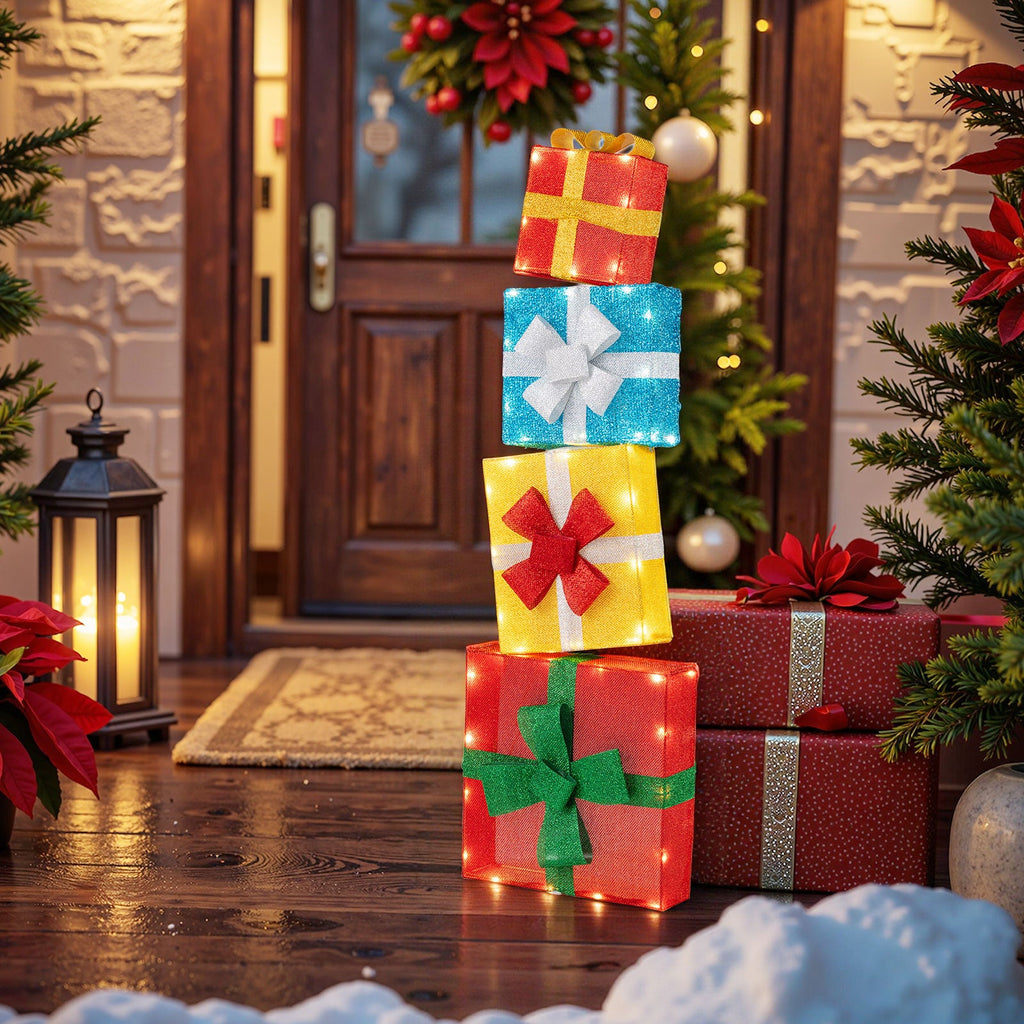 Lighted Gift Boxes Christmas Decoration 2D Set of 4 Pre-Lit Stacked Christmas Gift Boxes