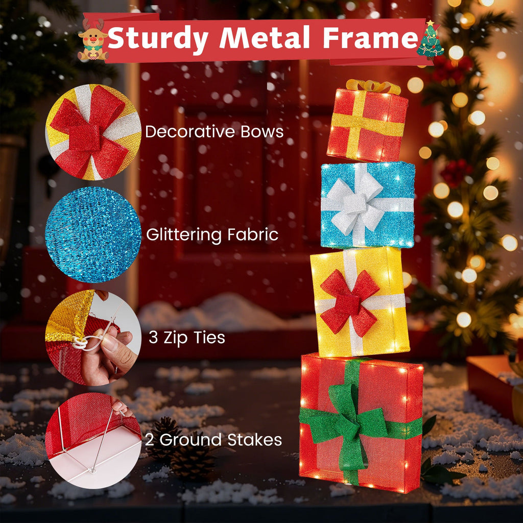 Lighted Gift Boxes Christmas Decoration 2D Set of 4 Pre-Lit Stacked Christmas Gift Boxes