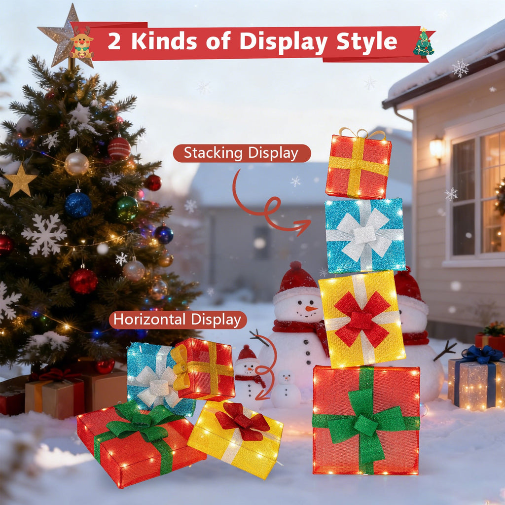 Lighted Gift Boxes Christmas Decoration 2D Set of 4 Pre-Lit Stacked Christmas Gift Boxes