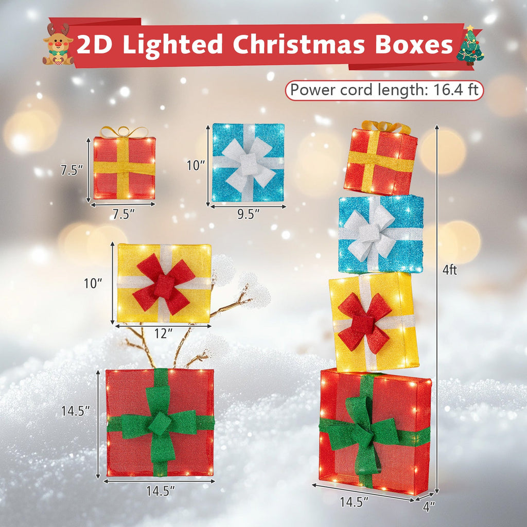 Lighted Gift Boxes Christmas Decoration 2D Set of 4 Pre-Lit Stacked Christmas Gift Boxes